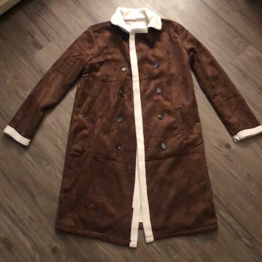 Long Brown Double Breasted coat w/ trim